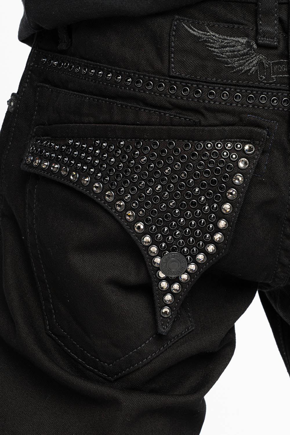 MENS CLASSIC STRAIGHT LEG LONG FLAP JEANS WITH JET BLK AND BLK DIAMOND CRYSTALS IN PURE BLK