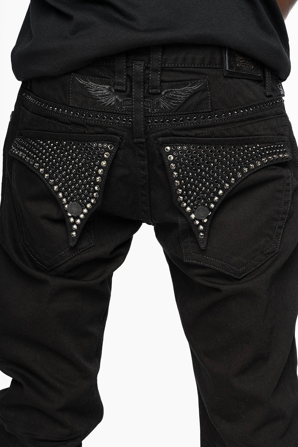 MENS CLASSIC STRAIGHT LEG LONG FLAP JEANS WITH JET BLK AND BLK DIAMOND CRYSTALS IN PURE BLK