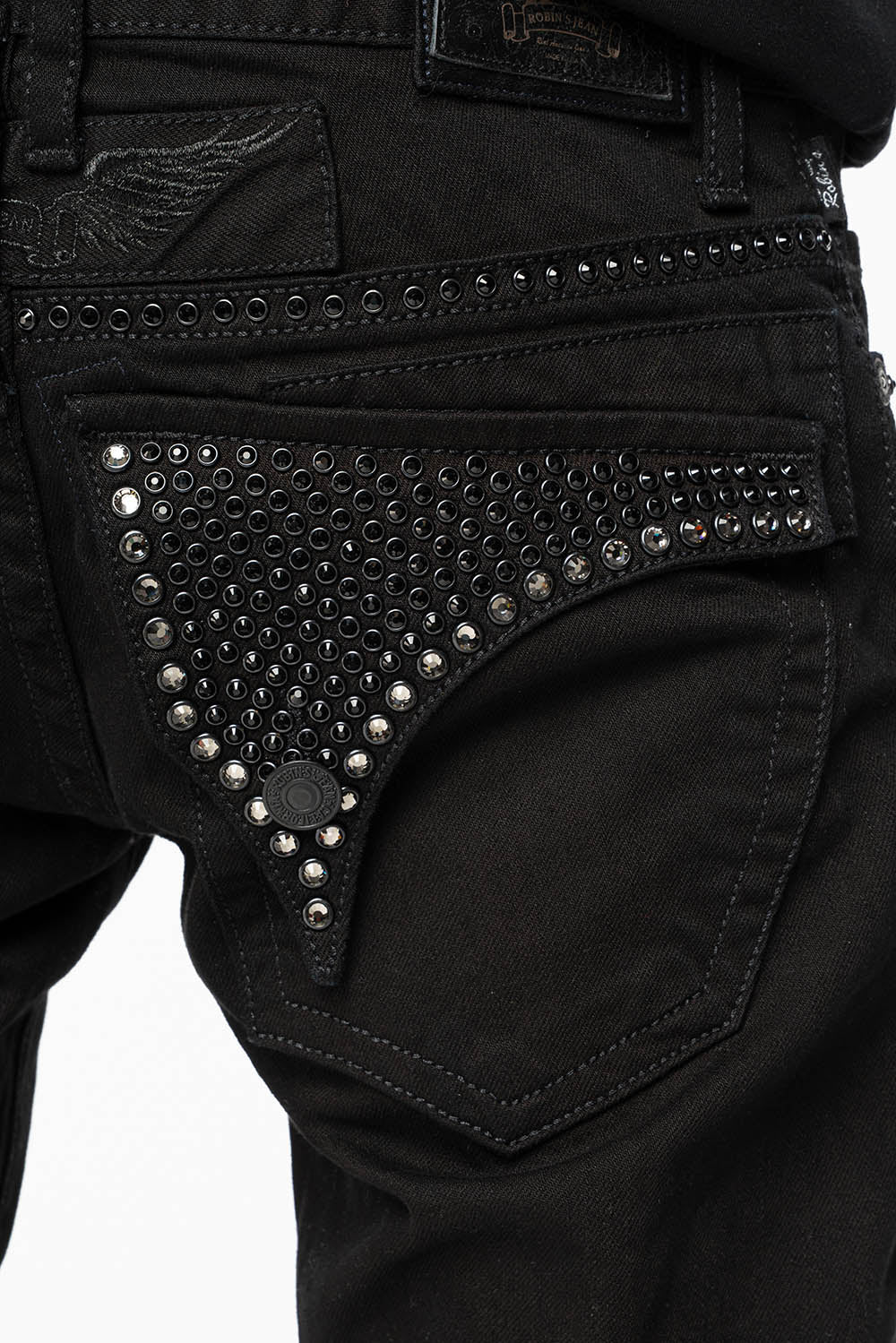 MENS CLASSIC STRAIGHT LEG LONG FLAP JEANS WITH JET BLK AND BLK DIAMOND CRYSTALS IN PURE BLK