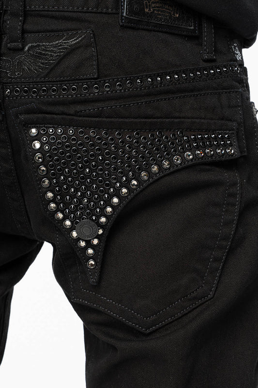 MENS CLASSIC STRAIGHT LEG LONG FLAP JEANS WITH JET BLK AND BLK DIAMOND CRYSTALS IN PURE BLK