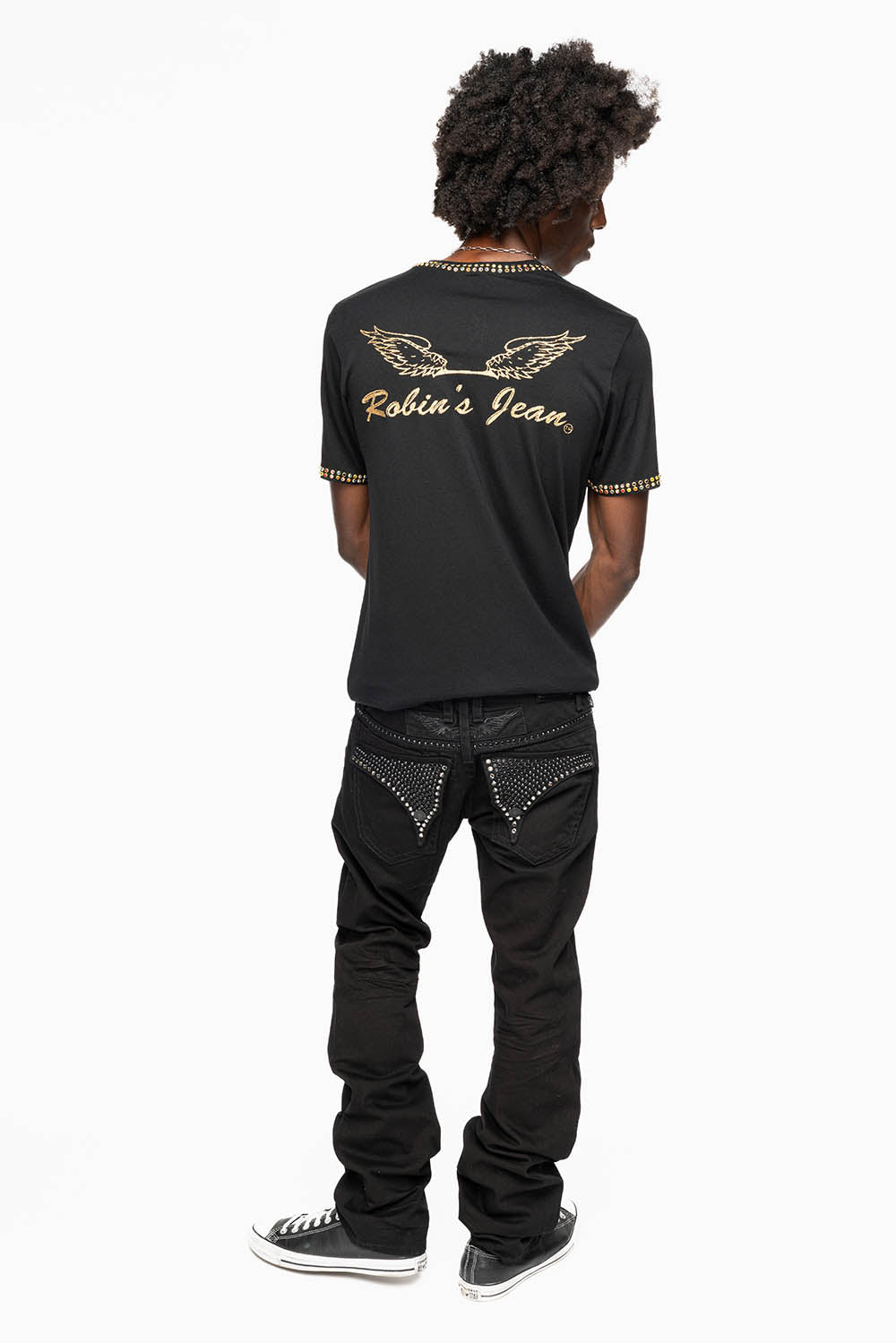 MENS CLASSIC STRAIGHT LEG LONG FLAP JEANS WITH JET BLK AND BLK DIAMOND CRYSTALS IN PURE BLK