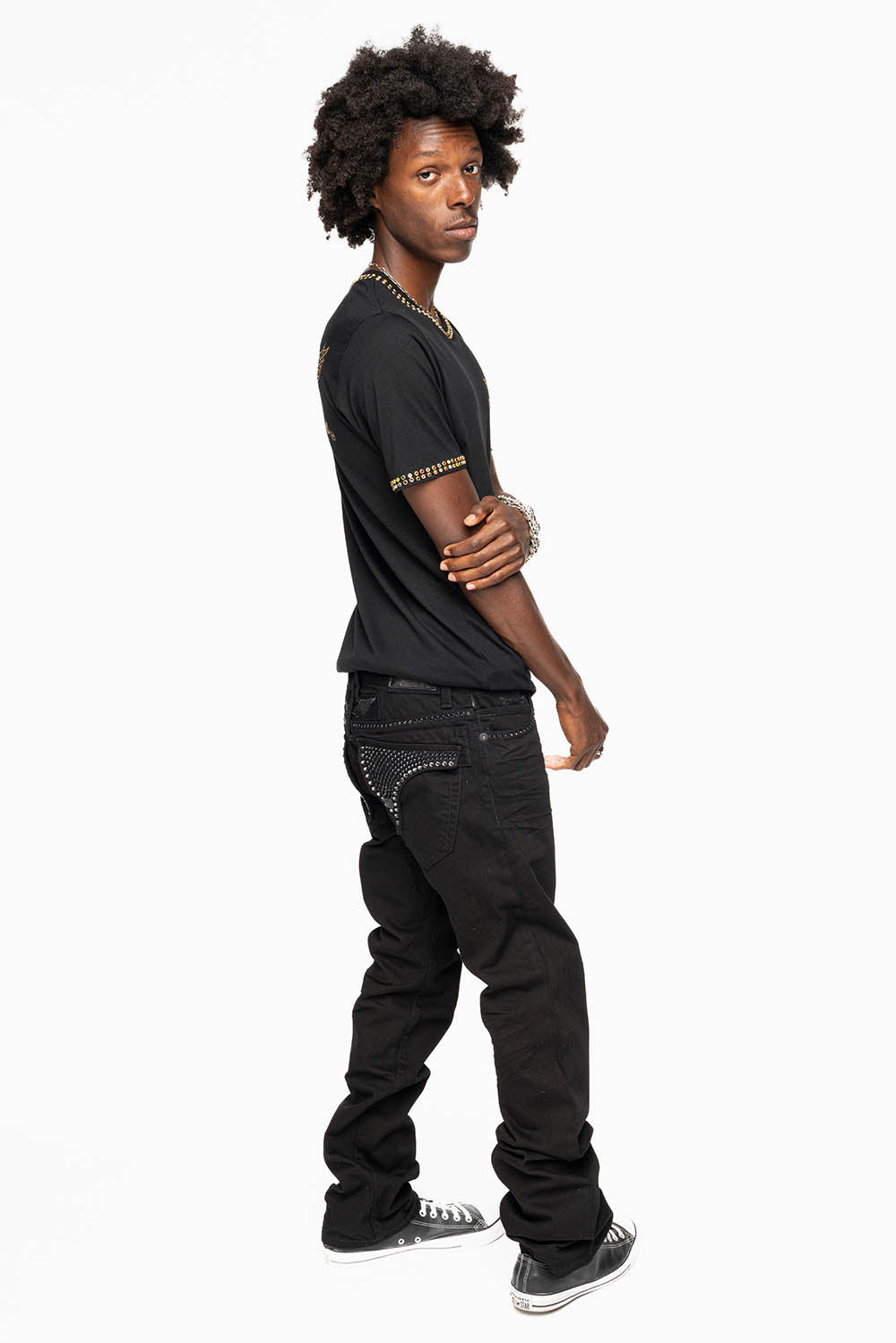 MENS CLASSIC STRAIGHT LEG LONG FLAP JEANS WITH JET BLK AND BLK