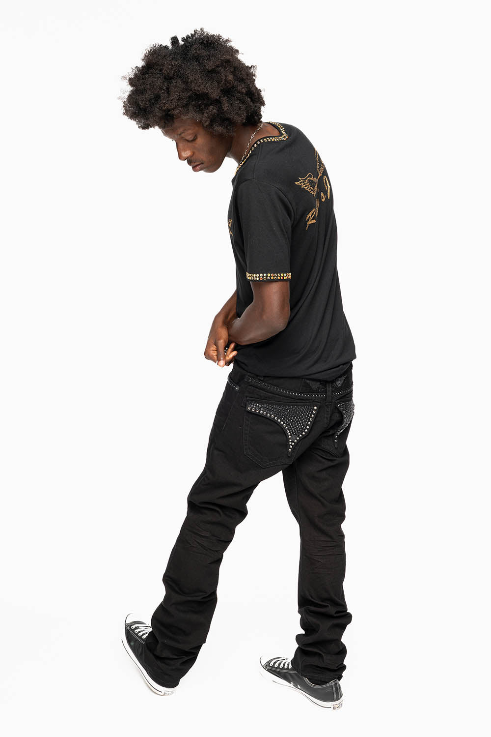 MENS CLASSIC STRAIGHT LEG LONG FLAP JEANS WITH JET BLK AND BLK DIAMOND CRYSTALS IN PURE BLK