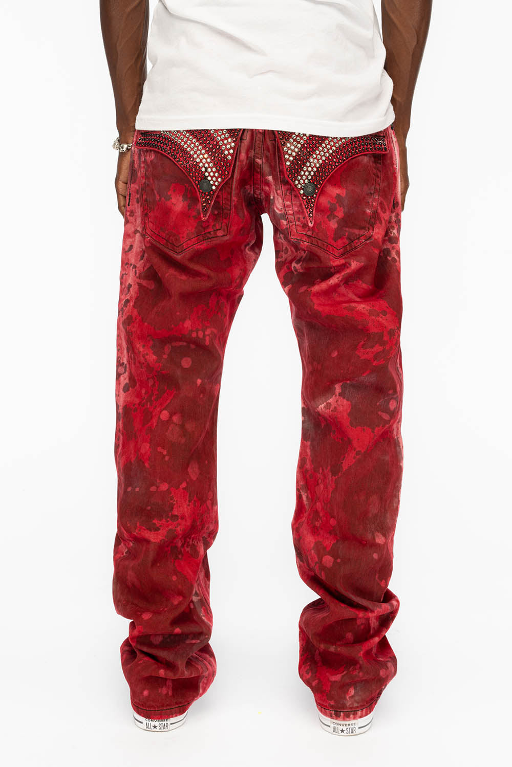 LONG FLAP STRAIGHT LEG JEANS WITH CRYSTALS IN REPAINT WASH