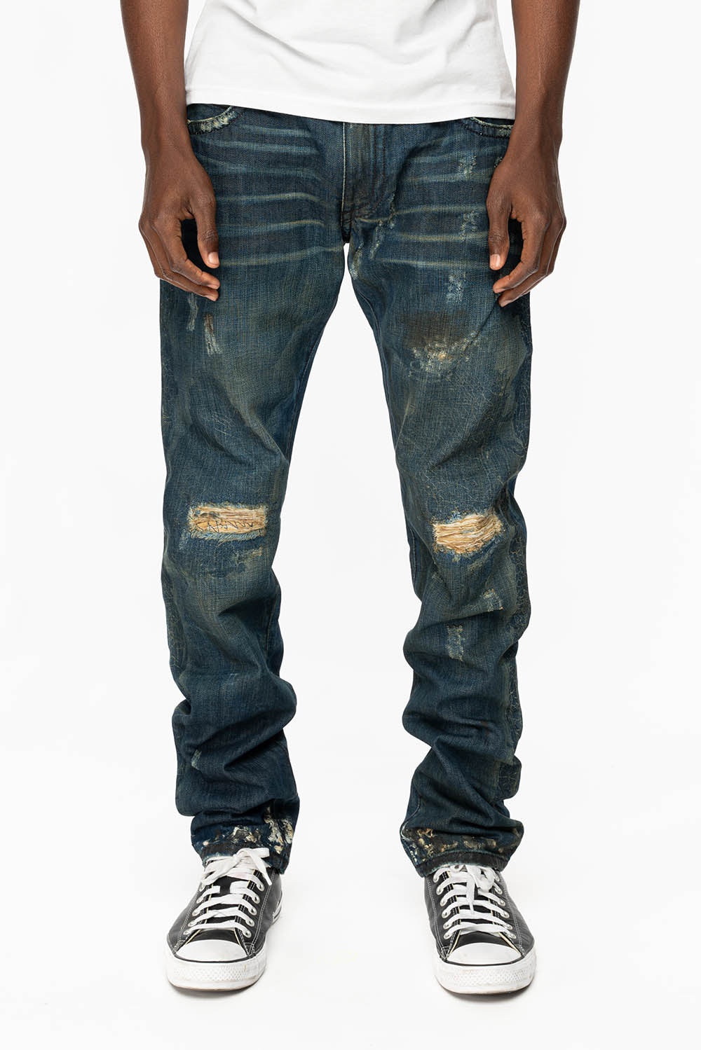 KILLER FLAP STRAIGHT LEG JEANS WITH  CRYSTALS AND PYRAMID IN JUPITER BLUE SPECIALTY WASH