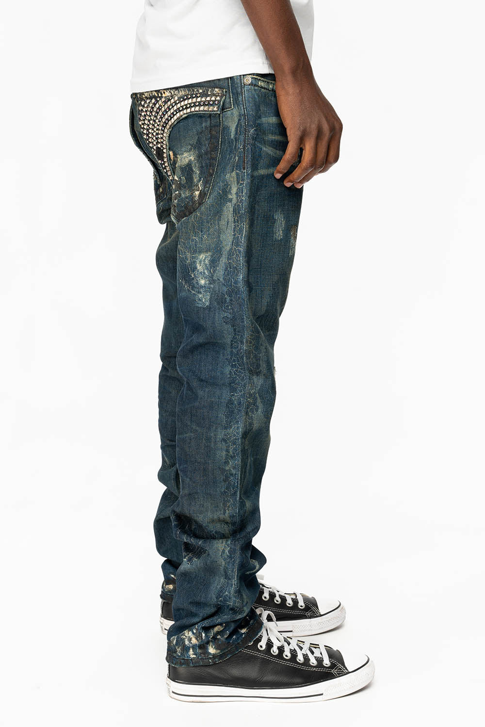 KILLER FLAP STRAIGHT LEG JEANS WITH  CRYSTALS AND PYRAMID IN JUPITER BLUE SPECIALTY WASH