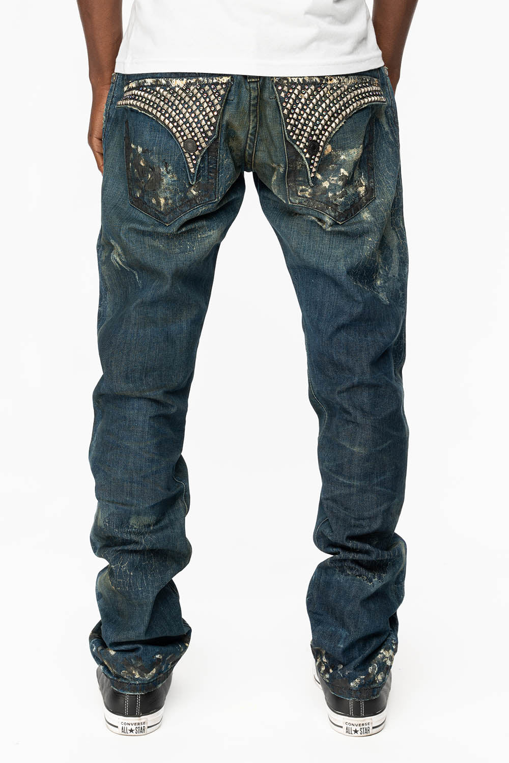 KILLER FLAP STRAIGHT LEG JEANS WITH  CRYSTALS AND PYRAMID IN JUPITER BLUE SPECIALTY WASH