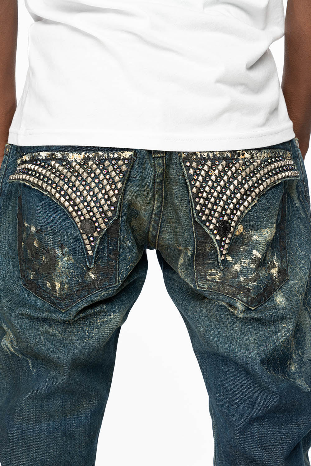 KILLER FLAP STRAIGHT LEG JEANS WITH  CRYSTALS AND PYRAMID IN JUPITER BLUE SPECIALTY WASH