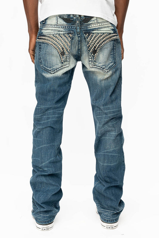 KILLER FLAP STRAIGHT LEG JEANS WITH  CRYSTALS AND PYRAMID IN VINTAGE MEDIUM WASH