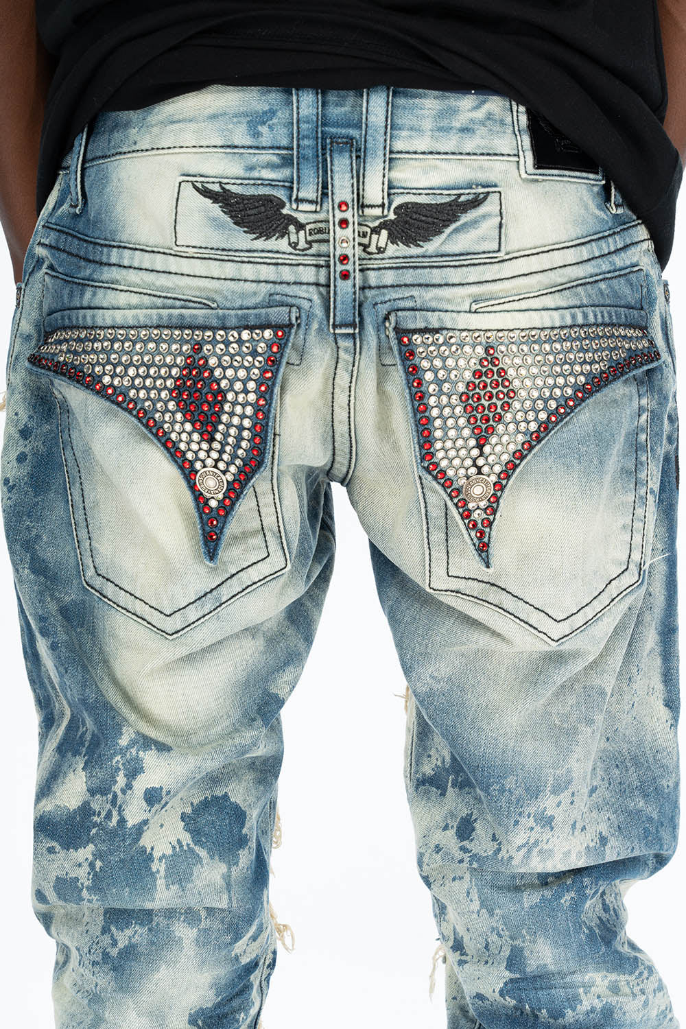 Robins Jean EUC Designer Distressed 34 Mens 5 Pocket Design Heavy Crystal store Flap