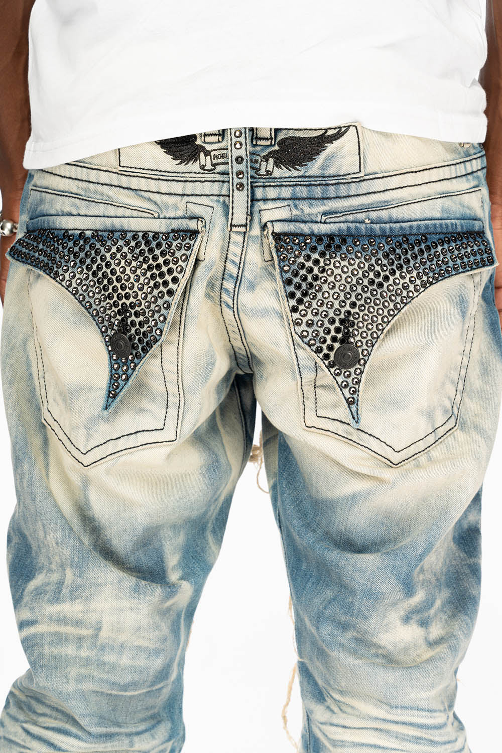 ROBIN'S VINTAGE EDITION RIPPED JEANS WITH CRYSTALS IN OMAHA WASH