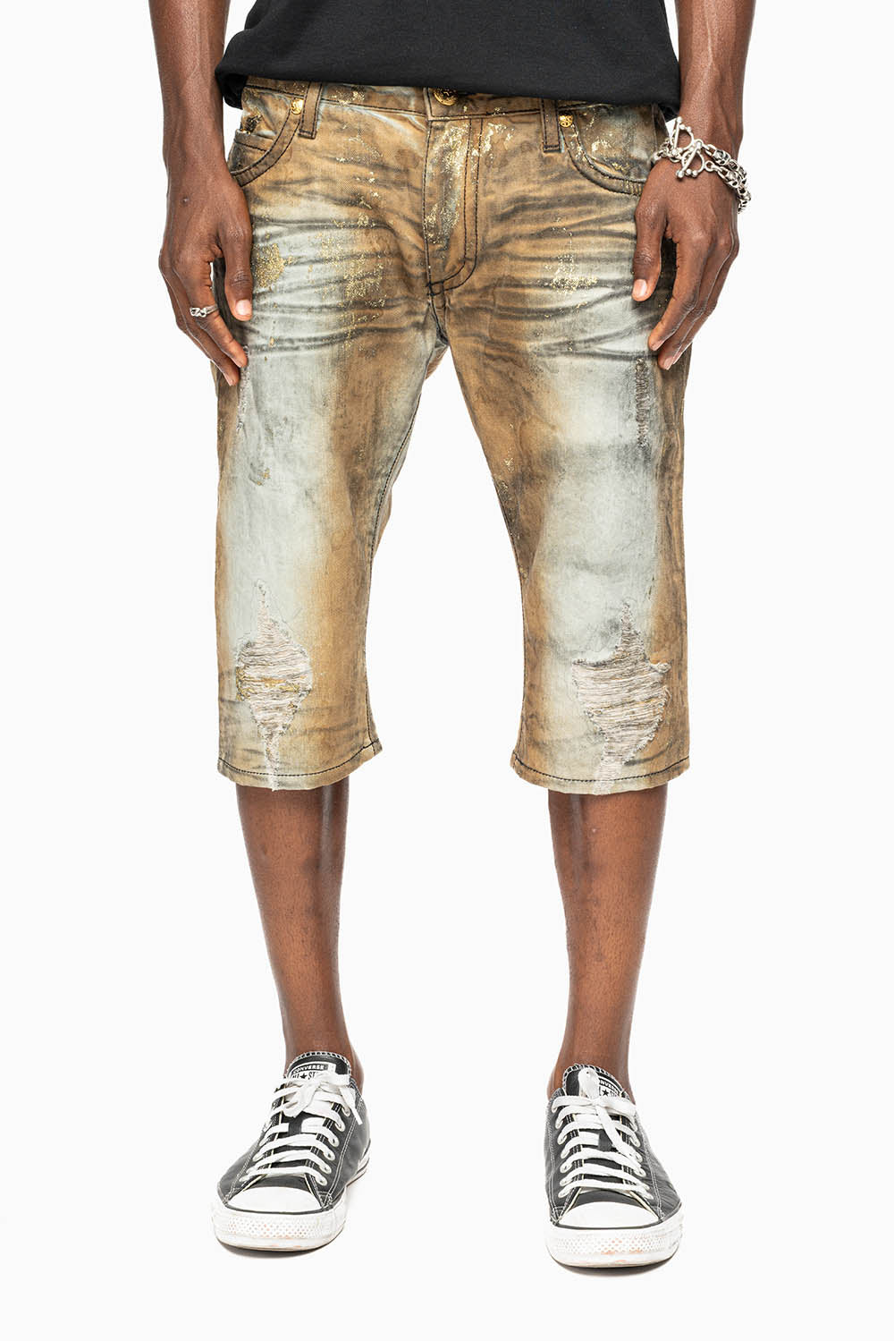 MENS SHORT WITH FLAP POCKETS IN TREVOR BROKEN REPAIRED WASH WITH CRYSTALS