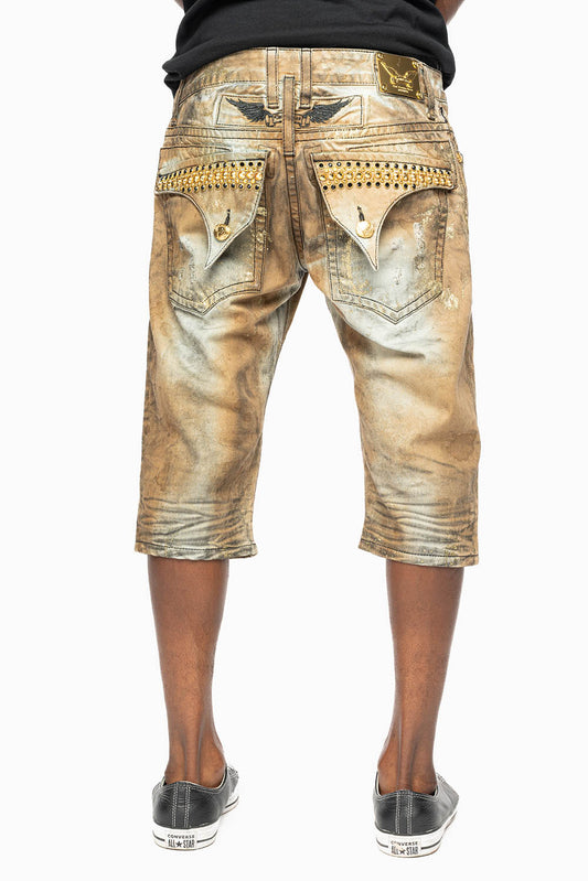 MENS SHORT WITH FLAP POCKETS IN TREVOR BROKEN REPAIRED WASH WITH CRYSTALS