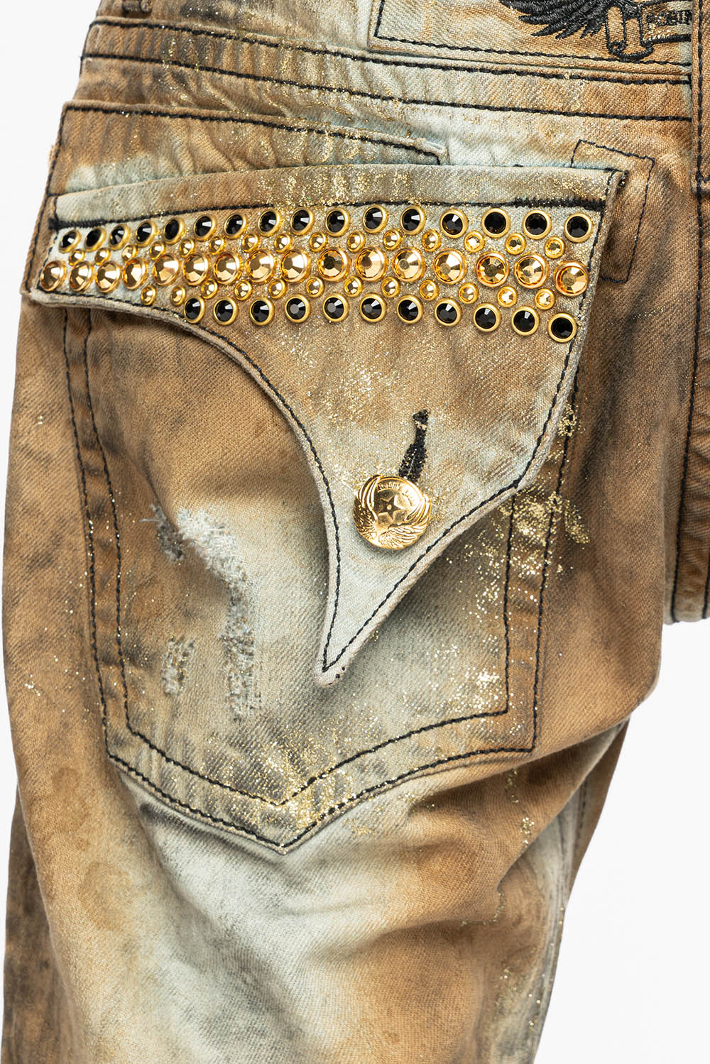 MENS SHORT WITH FLAP POCKETS IN TREVOR BROKEN REPAIRED WASH WITH CRYSTALS