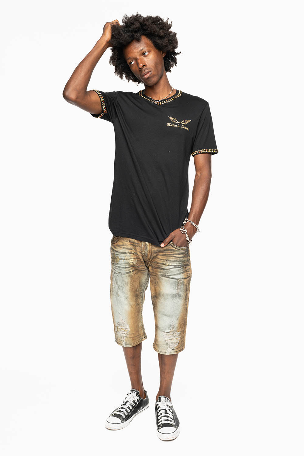 MENS SHORT WITH FLAP POCKETS IN TREVOR BROKEN REPAIRED WASH WITH CRYSTALS