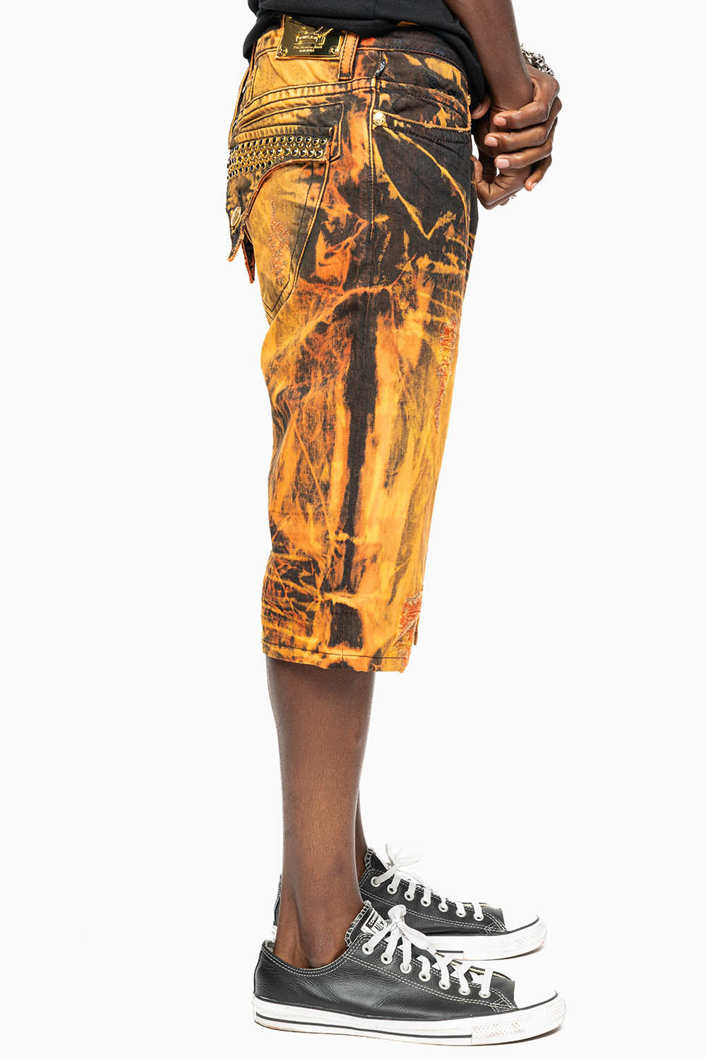 MENS SHORT WITH FLAP POCKETS IN ORANGE VICTOR BROKEN BACKING WASH WITH CRYSTALS