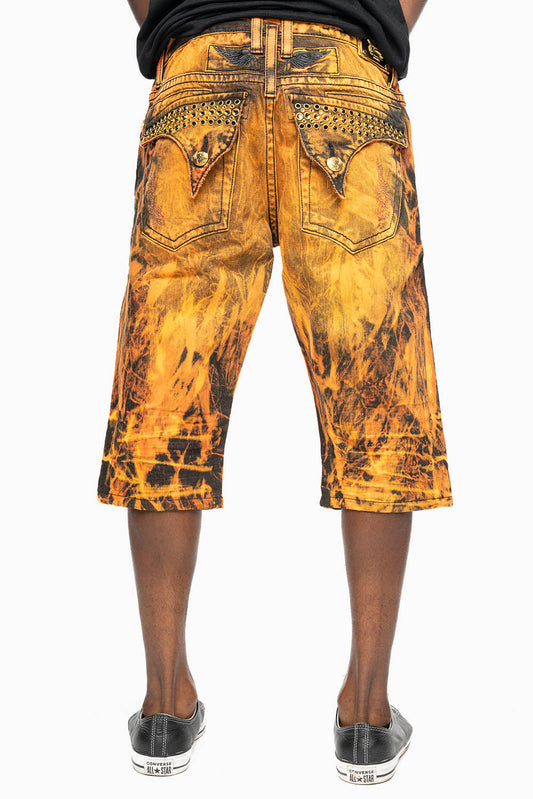 MENS SHORT WITH FLAP POCKETS IN ORANGE VICTOR BROKEN BACKING WASH WITH CRYSTALS