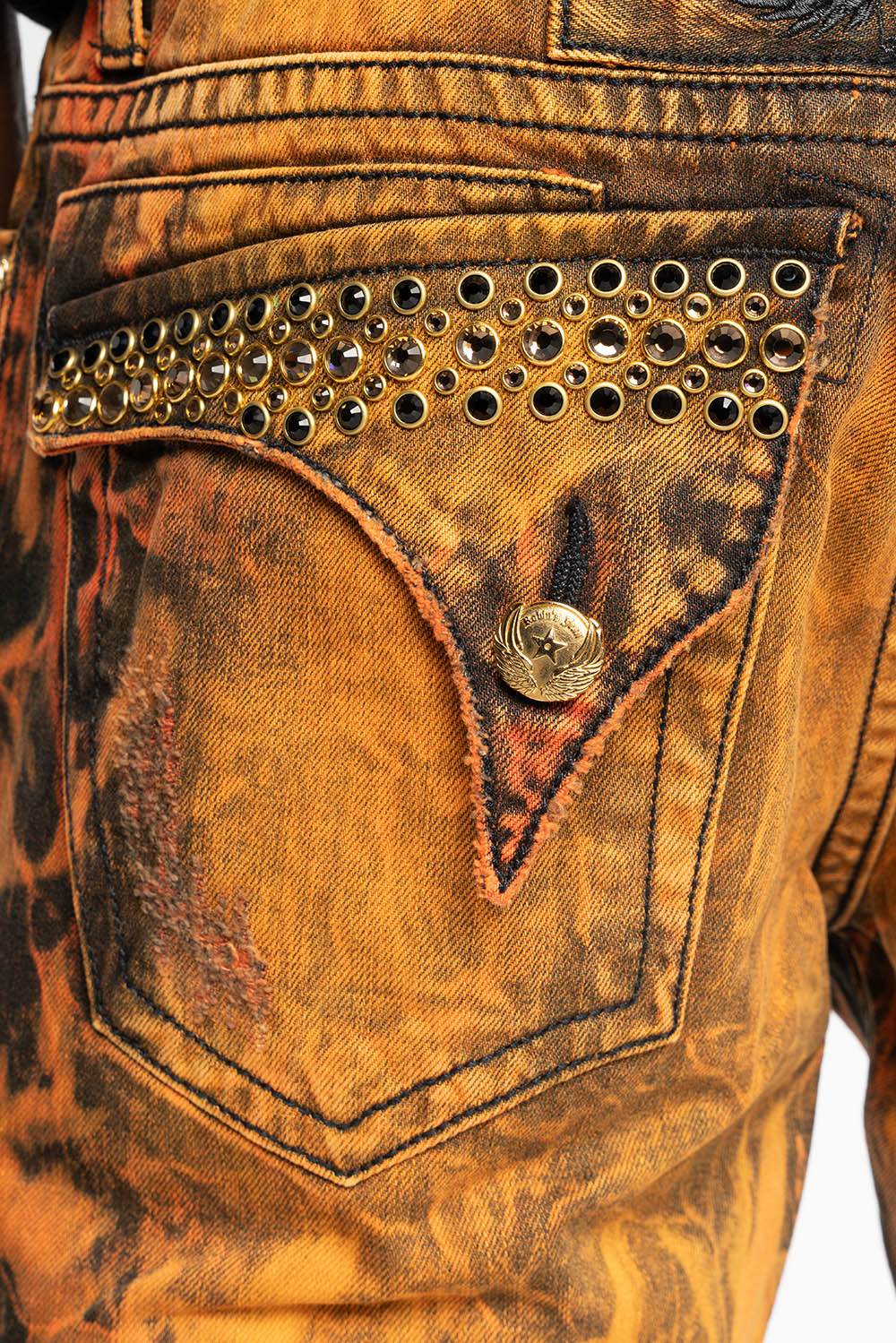 MENS SHORT WITH FLAP POCKETS IN ORANGE VICTOR BROKEN BACKING WASH WITH CRYSTALS