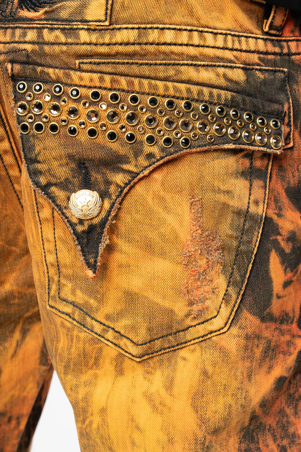 MENS SHORT WITH FLAP POCKETS IN ORANGE VICTOR BROKEN BACKING WASH WITH CRYSTALS