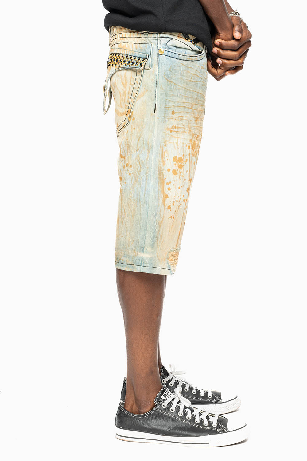MENS SHORT WITH FLAP POCKETS IN TRAVELER BROKEN REPAIRED WASH WITH CRYSTALS