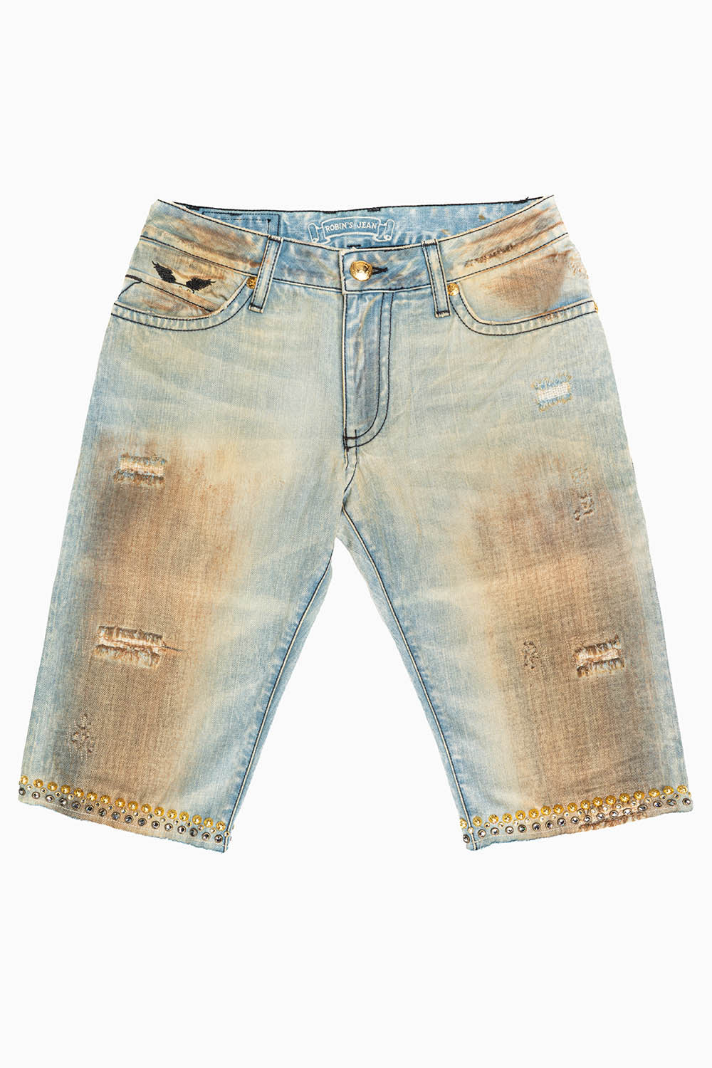 MENS SHORT WITH FLAP POCKETS IN VAGABOND REPAIRED WASH WITH CRYSTALS AND STUDS