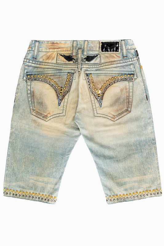 MENS SHORT WITH FLAP POCKETS IN VAGABOND REPAIRED WASH WITH CRYSTALS AND STUDS