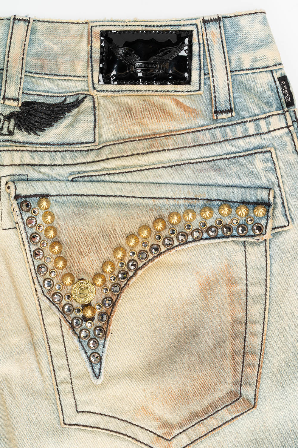 MENS SHORT WITH FLAP POCKETS IN VAGABOND REPAIRED WASH WITH CRYSTALS AND STUDS