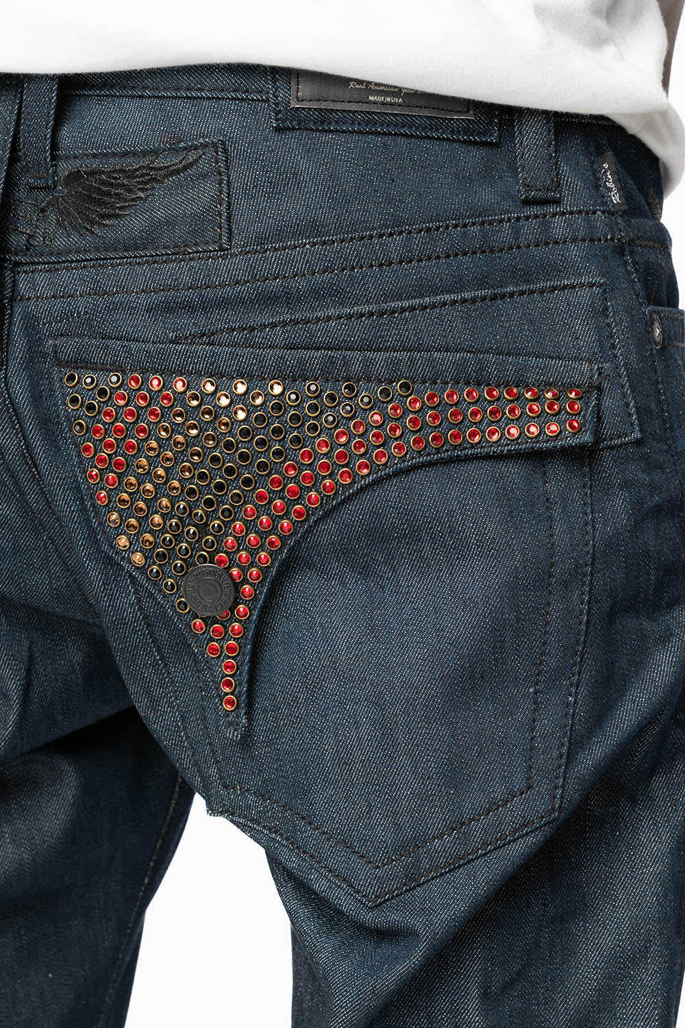 MENS RAW DENIM SHORTS WITH FLAP FULLY EMBELLISHED WITH CRYSTALS