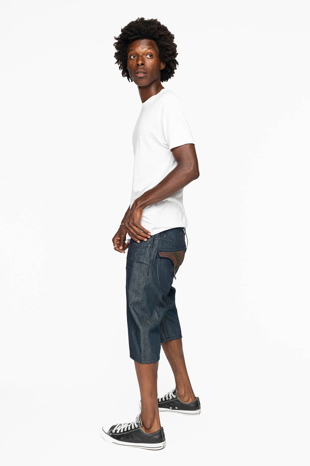 MENS RAW DENIM SHORTS WITH FLAP FULLY EMBELLISHED WITH CRYSTALS