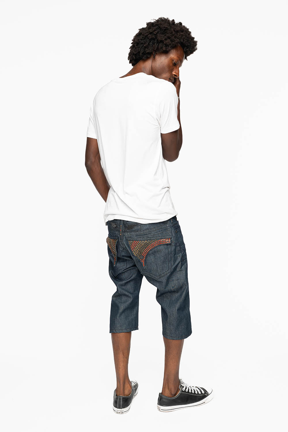 MENS RAW DENIM SHORTS WITH FLAP FULLY EMBELLISHED WITH CRYSTALS