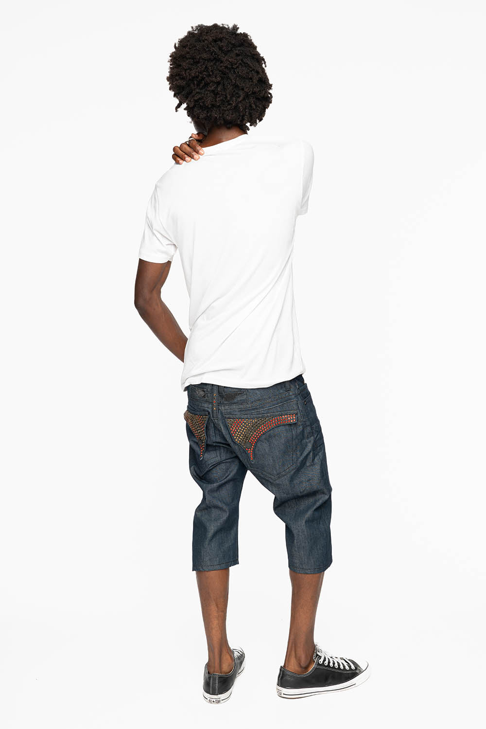 MENS RAW DENIM SHORTS WITH FLAP FULLY EMBELLISHED WITH CRYSTALS