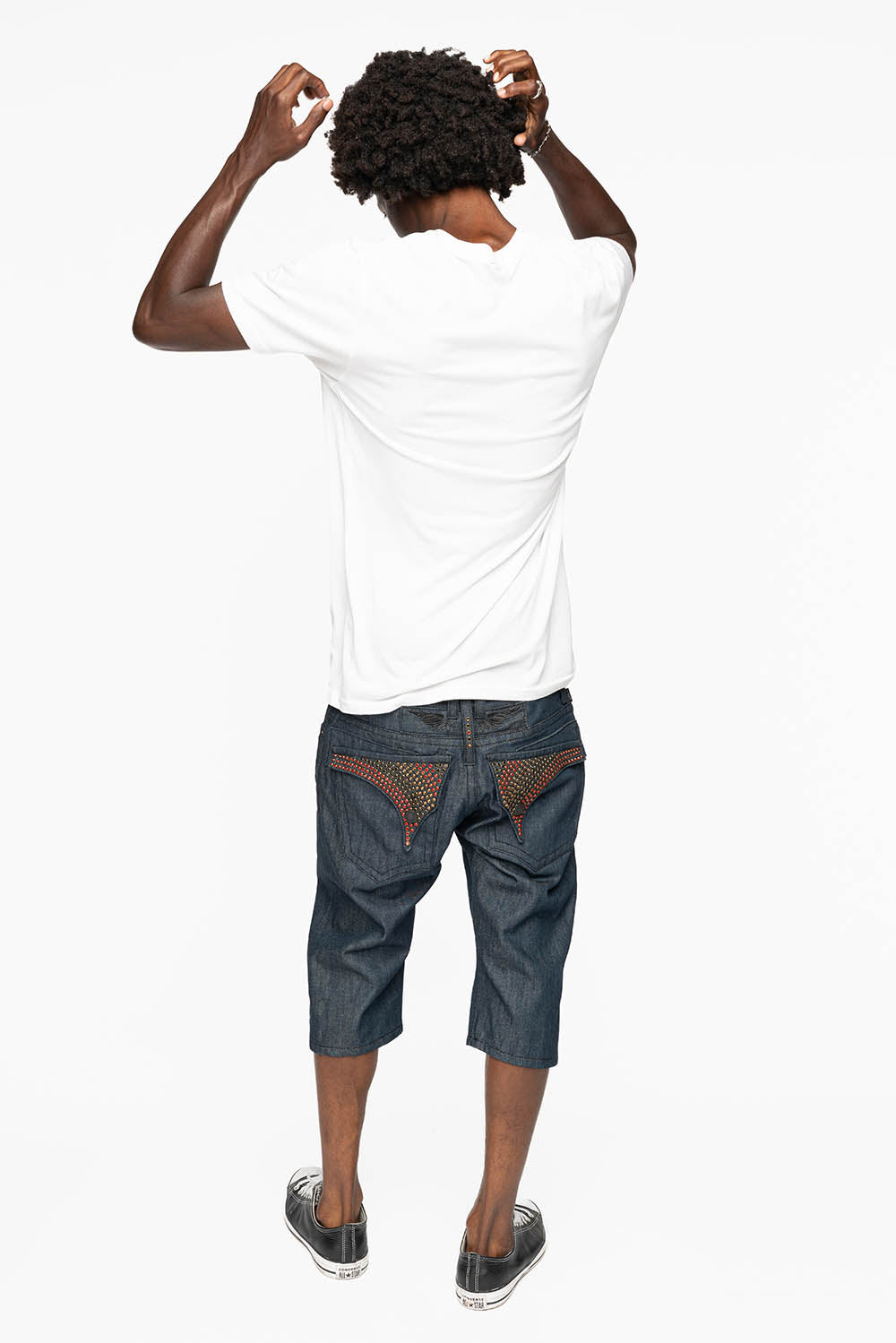 MENS RAW DENIM SHORTS WITH FLAP FULLY EMBELLISHED WITH CRYSTALS