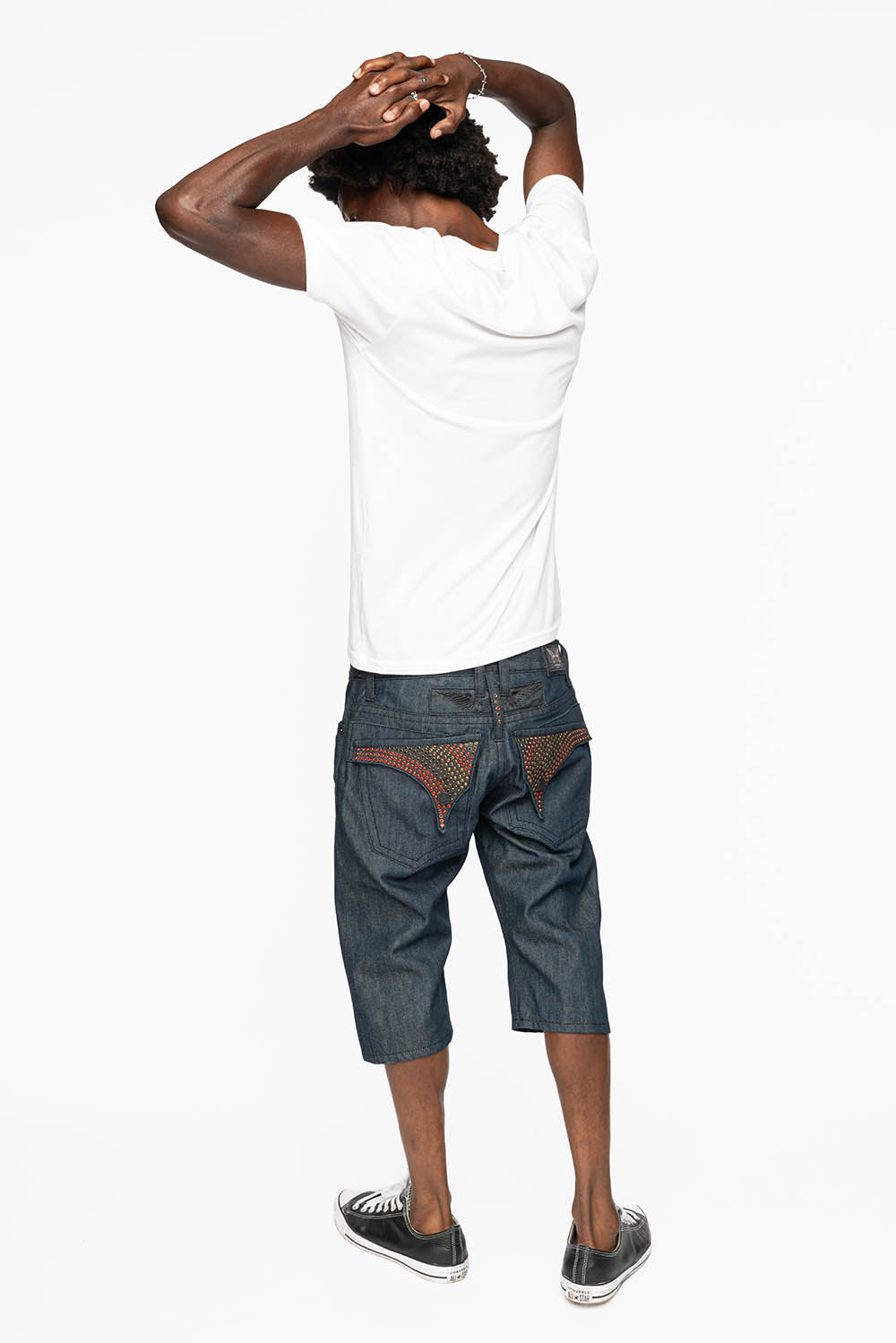 MENS RAW DENIM SHORTS WITH FLAP FULLY EMBELLISHED WITH CRYSTALS
