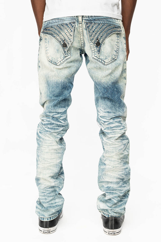 MENS LONG FLAP SLIM JEANS WITH FULL CRYSTALS IN D WASH WHITE DNM