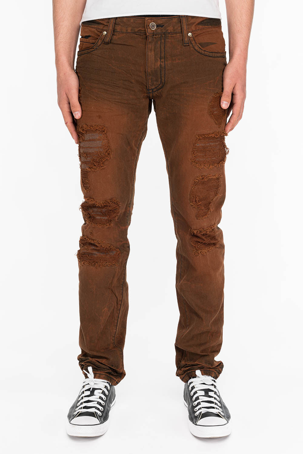 ROBINS MENS SLIM LONG FLAP JEANS IN DESTROYED BROWN WASH WITH CRYSTALS