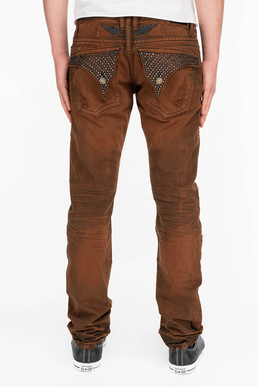 ROBINS MENS SLIM LONG FLAP JEANS IN DESTROYED BROWN WASH WITH CRYSTALS