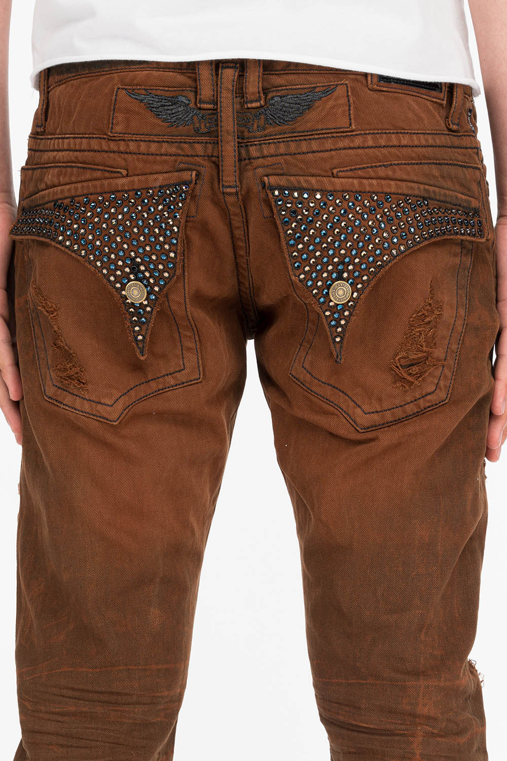 ROBINS MENS SLIM LONG FLAP JEANS IN DESTROYED BROWN WASH WITH CRYSTALS