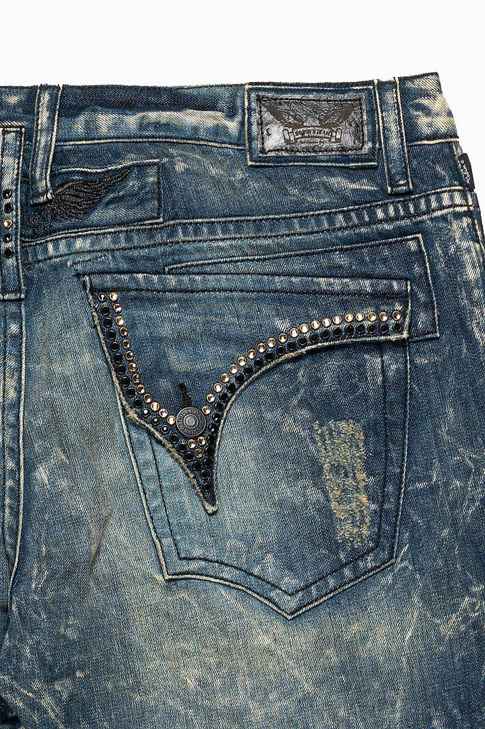 MENS LONG FLAP SLIM JEANS EMBELLISHED WITH CRYSTALS IN BLUE 4D DARK BROKEN  WASH