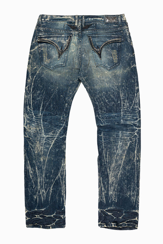 MENS LONG FLAP SLIM JEANS EMBELLISHED WITH CRYSTALS IN BLUE 4D DARK BROKEN  WASH