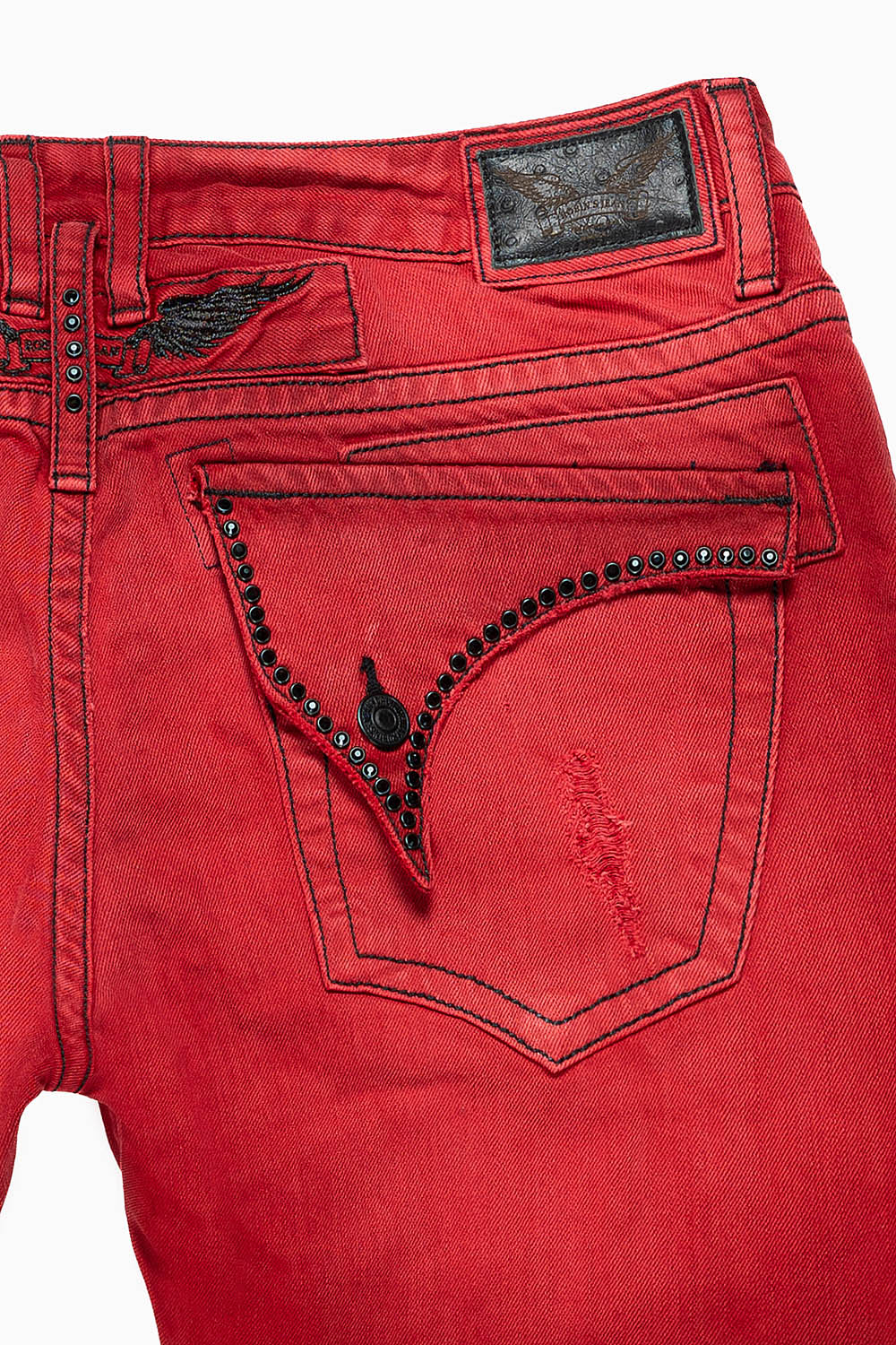 MENS LONG FLAP SLIM JEANS EMBELLISHED WITH BLK CRYSTALS IN BROKEN F-UP-RED WASH