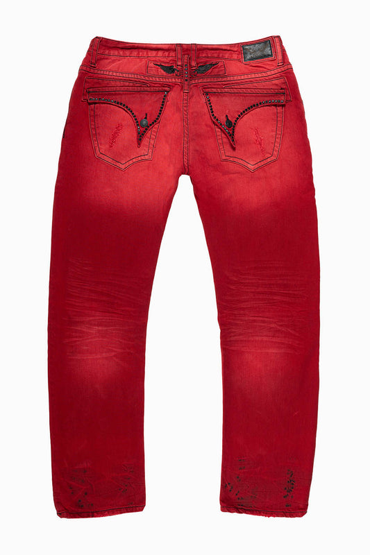 MENS LONG FLAP SLIM JEANS EMBELLISHED WITH BLK CRYSTALS IN BROKEN F-UP-RED WASH