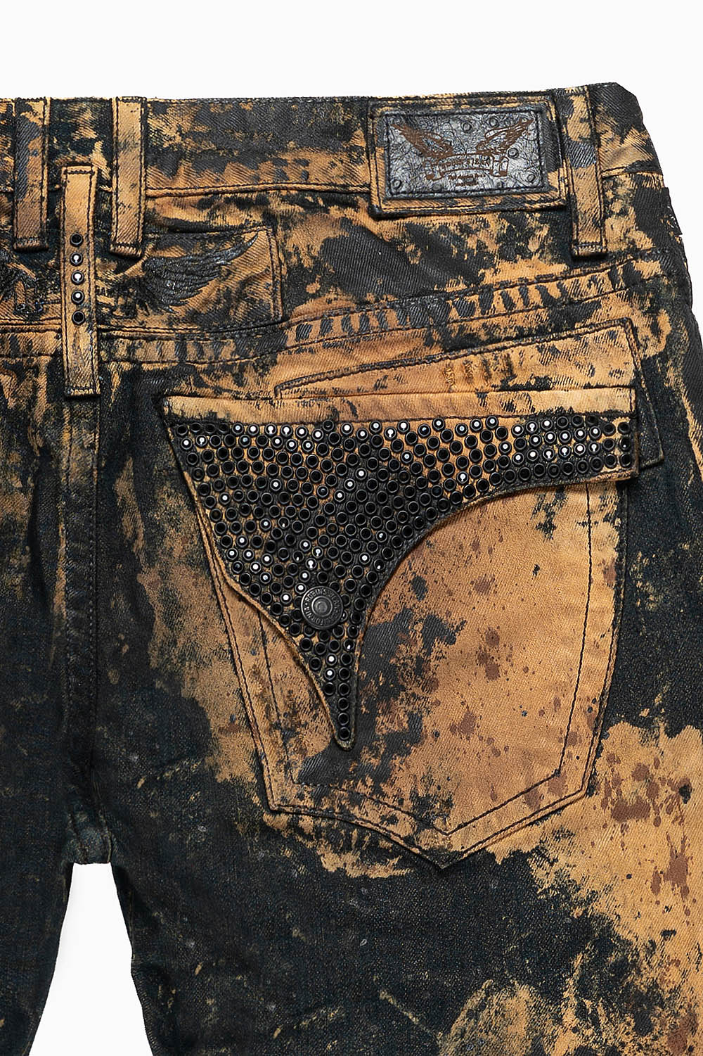 MENS LONG FLAP SLIM JEANS EMBELLISHED WITH JET BLK CRYSTALS IN ROBINLAND WASH