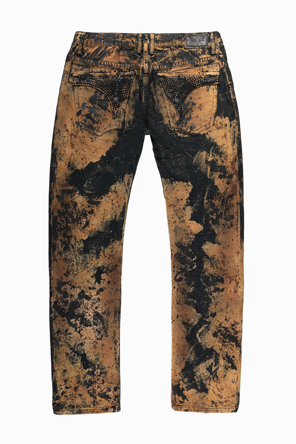 MENS LONG FLAP SLIM JEANS EMBELLISHED WITH JET BLK CRYSTALS IN ROBINLAND WASH