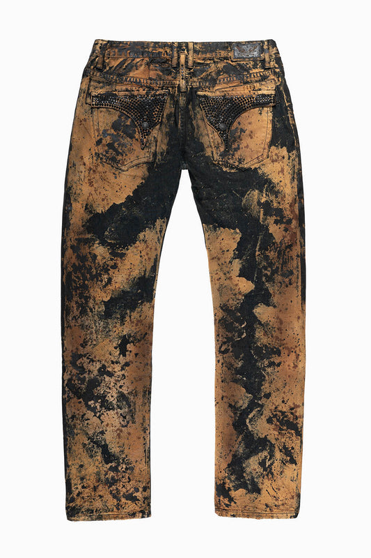 MENS LONG FLAP SLIM JEANS EMBELLISHED WITH JET BLK CRYSTALS IN ROBINLAND WASH
