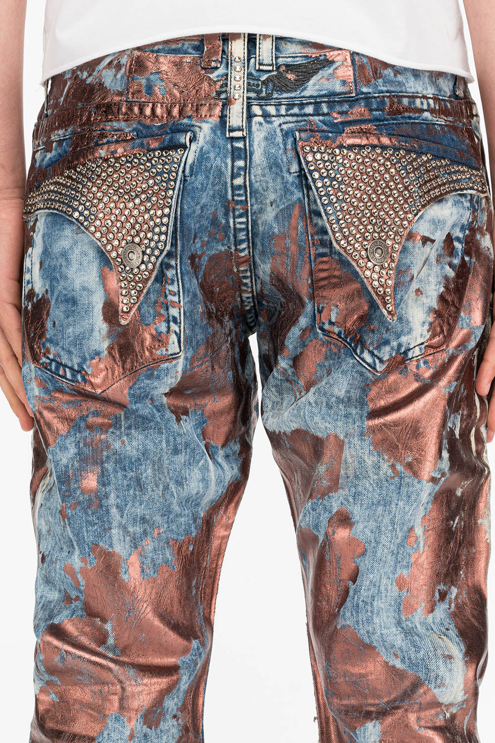 MENS LONG FLAP SLIM JEANS IN GOOD TIME COPPER WITH CRYSTALS