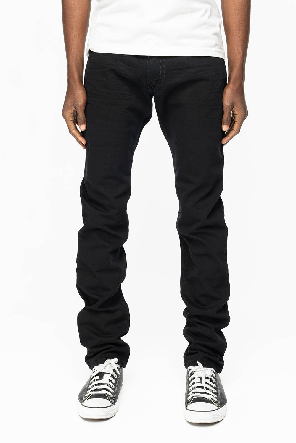 MENS LONG FLAP SLIM JEANS WITH  FULL CRYSTALS & STUDS  IN PURE BLK WASH