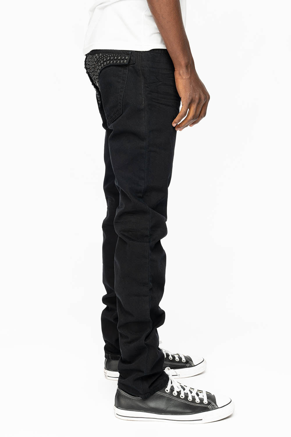 MENS LONG FLAP SLIM JEANS WITH  FULL CRYSTALS & STUDS  IN PURE BLK WASH