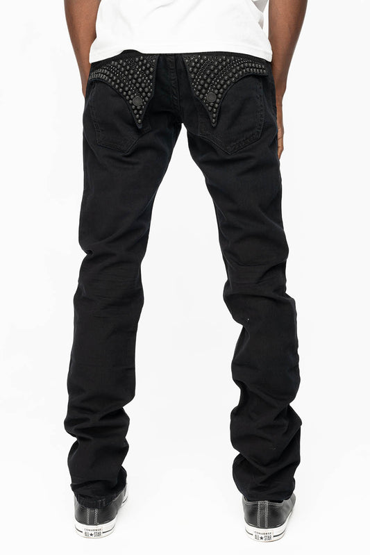 MENS LONG FLAP SLIM JEANS WITH  FULL CRYSTALS & STUDS  IN PURE BLK WASH