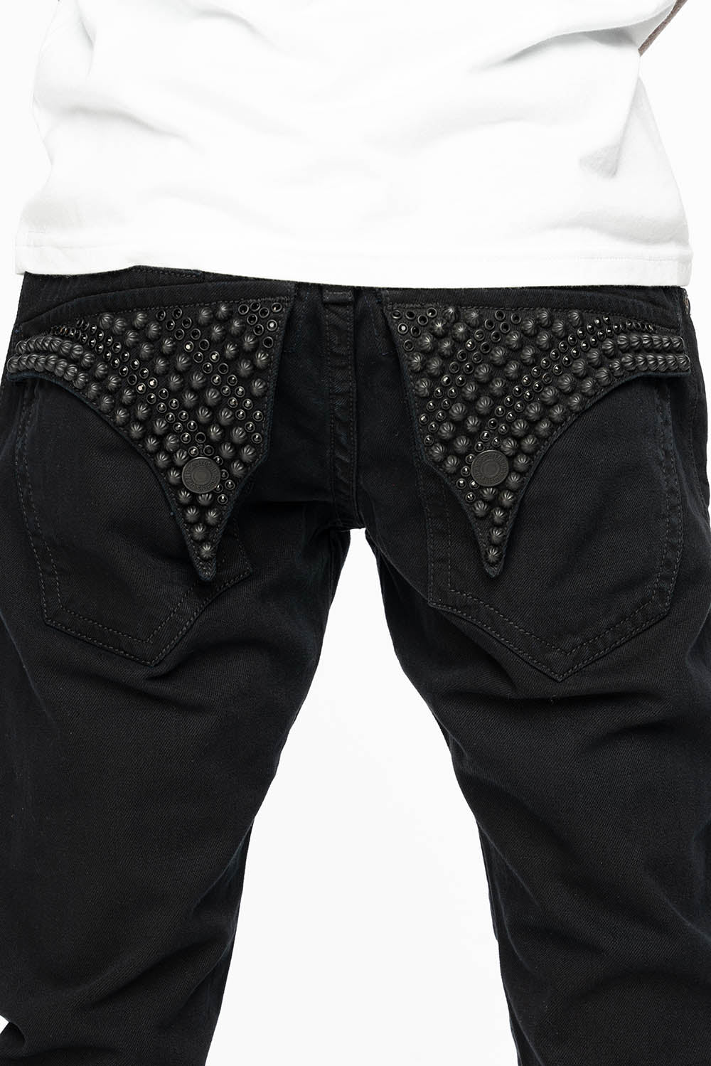 MENS LONG FLAP SLIM JEANS WITH  FULL CRYSTALS & STUDS  IN PURE BLK WASH