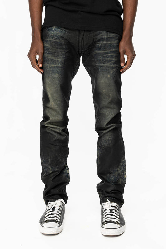 MENS LONG FLAP SLIM JEANS WITH CRYSTALS AND NAILHEADS IN 5D SEMI COATING DNM